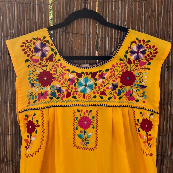 Vintage Mexican Embroidered Yellow Dress Floral Summer Beach Coverup M/L - Picture 8 of 10